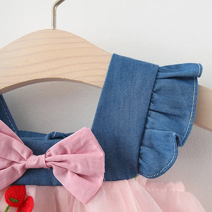 Baby Girl Cherry Dress, Pink or White Layered Skirt with Blue Ruffle Shoulder Straps and Front Bow for Summer Parties and Birthday Photos