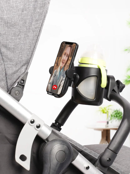Stroller Drink and Phone Holder with Handlebar Clamp, Black Cup and Bottle Organizer with Separate Phone Cradle for Parent Walks and Family Outings