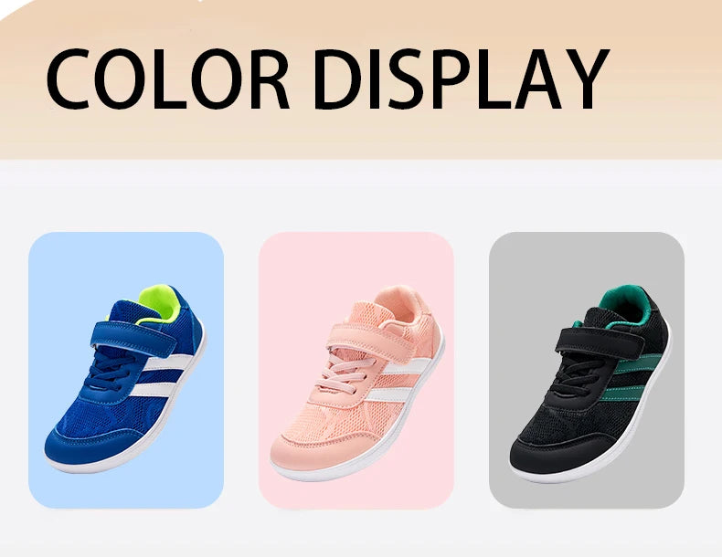 Kids Wide-Toe Mesh Sneakers with Adjustable Hook-and-Loop Strap, Contrast Side Stripes and Low-Top Casual Style in Pink, Black or Blue