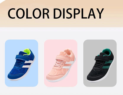 Kids Wide-Toe Mesh Sneakers with Adjustable Hook-and-Loop Strap, Contrast Side Stripes and Low-Top Casual Style in Pink, Black or Blue
