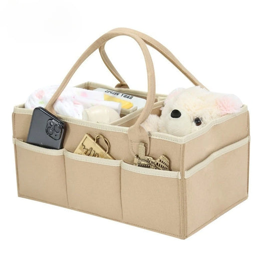 Felt Diaper Caddy with Carry Handles and Outer Pockets, Large-Capacity Baby Storage Organizer for Nursery Essentials, Diapers and Toys