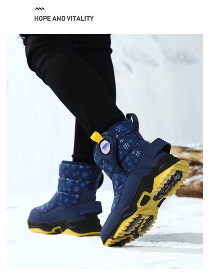Snowflake Print Kids Winter Boots with Padded Shafts, Pull Tabs and Chunky Tread Soles, Pink Snow-Style Footwear for Boys and Girls