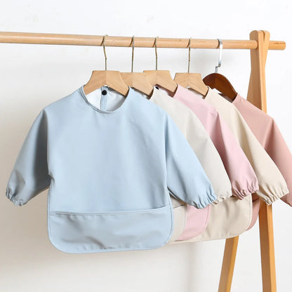 Long Sleeve Feeding Bib for Babies and Toddlers, Solid Color Polyester Mealtime Apron with Front Pocket for Snacks and Messy Art Play