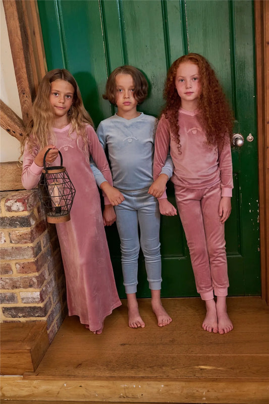 Kids Velour Loungewear in Pink and Blue, Coordinating Long Sleeve Top and Pants Sets with Baby Footie and Girls Long Dress Options for Sibling Photos