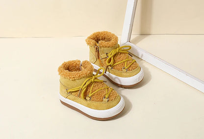 Toddler Plush Ankle Boots with Lace-Up Front, Rubber Soles and Fluffy Trim for Boys and Girls, Beige Black or Pink Cool-Weather Shoes