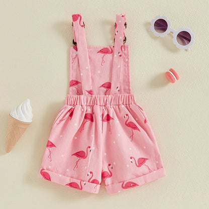 Girls Flamingo Denim Short Overalls in Pink with Adjustable Straps, Bib Pocket and Rolled Hems for Summer Outings, Birthdays and Photos