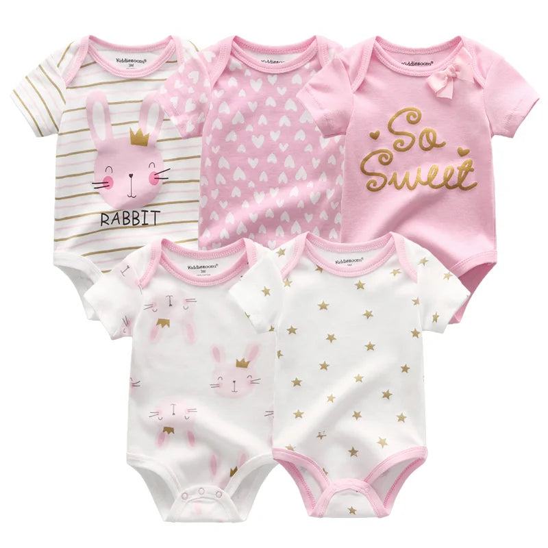 Infant Cotton Bodysuits 5-Pack with Short Sleeves and Envelope Shoulders, Solid Colors and Playful Prints for Baby Boys and Girls, Sizes 3M-12M