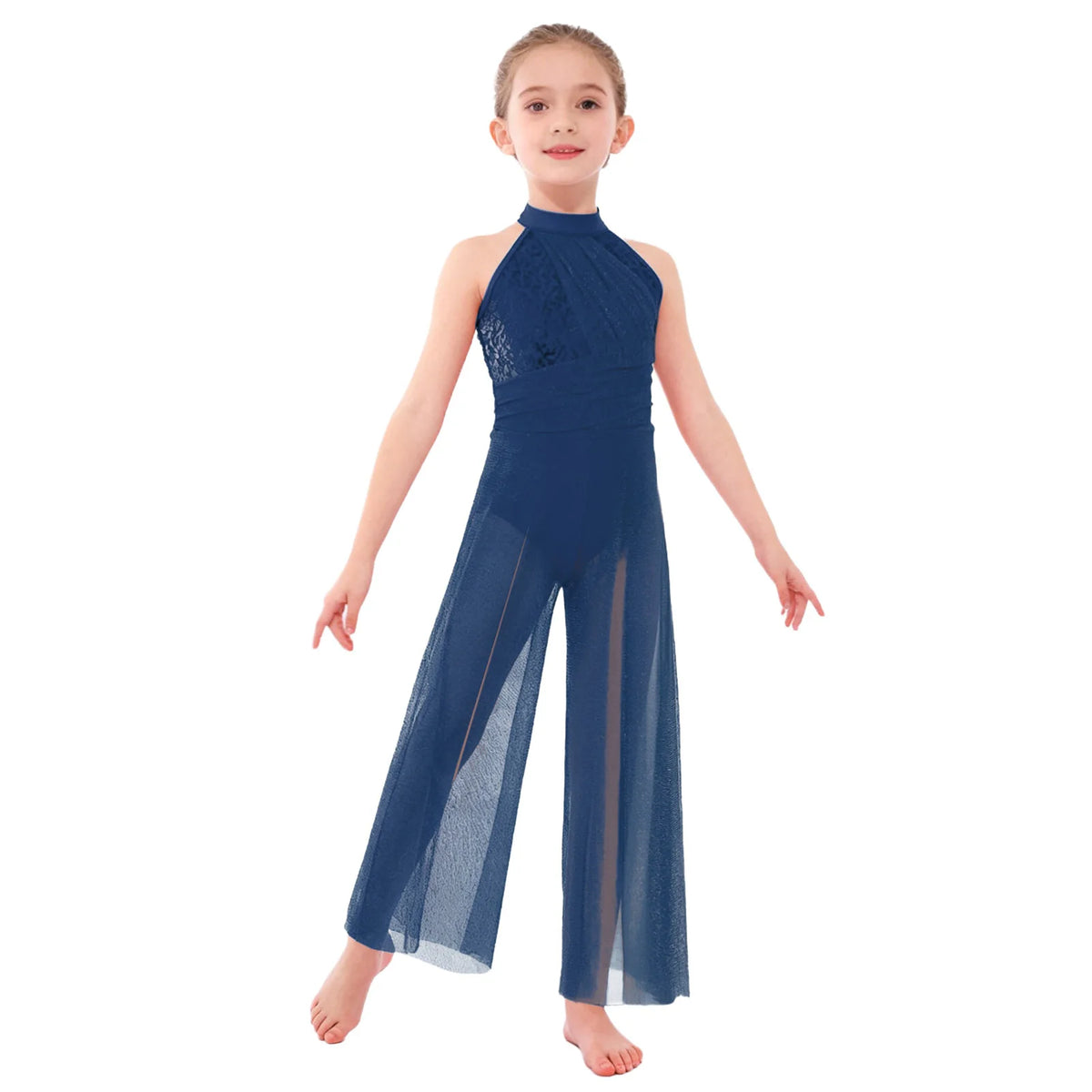 Girls Sequin Dance Jumpsuit with Split Wide-Leg Mesh, Sleeveless Mock Neck and Crisscross Back for Lyrical Recitals and Stage Performances