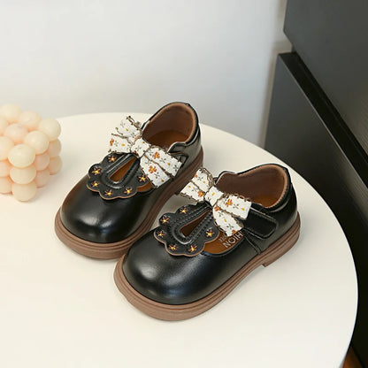 Girls Floral Bow T-Strap Shoes with Scalloped Flower Details and Round Toe, Black or Beige Dress Flats for School Outfits, Parties and Photos