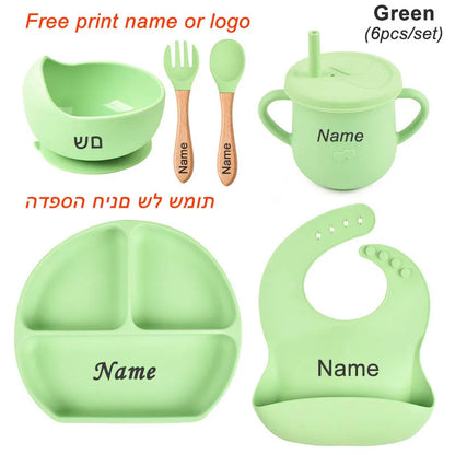 Personalized Baby Feeding Set with Silicone Suction Plate, Bowl, Spoon and Fork, 4-Piece or 6-Piece Tableware Options for Supervised Mealtimes