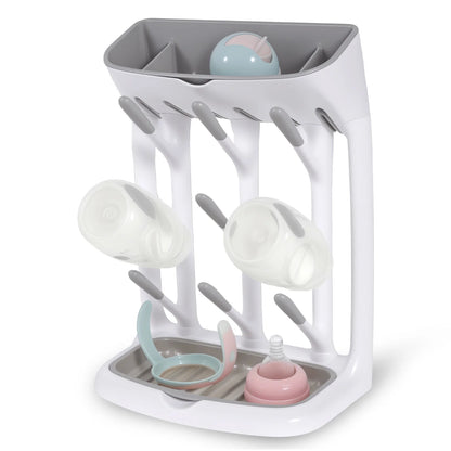 Angled-Holder Baby Bottle Drying Rack with Top Accessory Storage and Detachable Drain Tray, ABS and PP Countertop Feeding Organizer