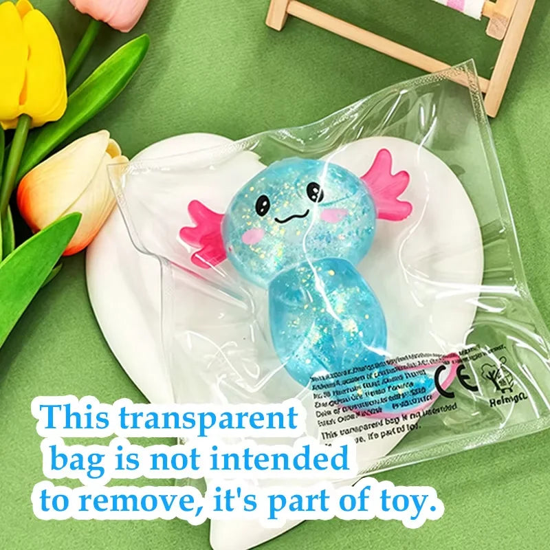 Axolotl Squishy Toy with Glitter, Soft TPR Salamander Squeeze Fidget for Gentle Tactile Play, One Random-Color Animal Lover Gift