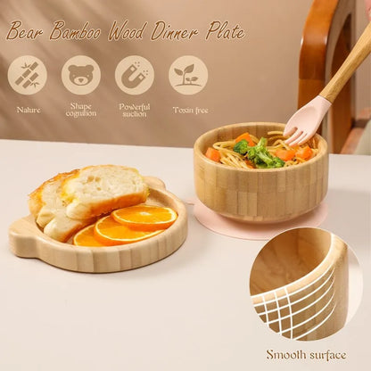 Bamboo Baby Tableware Set with Animal Plate Designs, Bowl, Cup and Wooden-Handle Utensil Options for Supervised Infant and Toddler Mealtimes