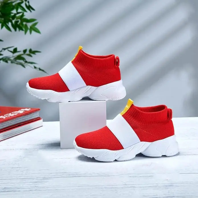 Sonic-Inspired Red Slip-On Shoes with White Band Detail and White Soles, Game-Themed Casual Footwear with Ring and Gem Options for Kids