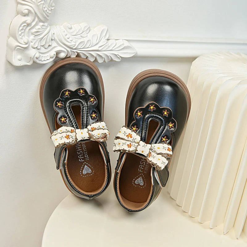 Girls Floral Bow T-Strap Shoes with Scalloped Flower Details and Round Toe, Black or Beige Dress Flats for School Outfits, Parties and Photos