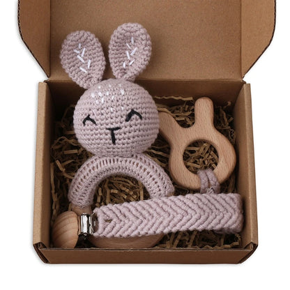 Crochet Animal Rattle Set with Wooden Ring and Coordinating Accessories, Rabbit, Deer and More Designs for Supervised Play and Baby Shower Gifts