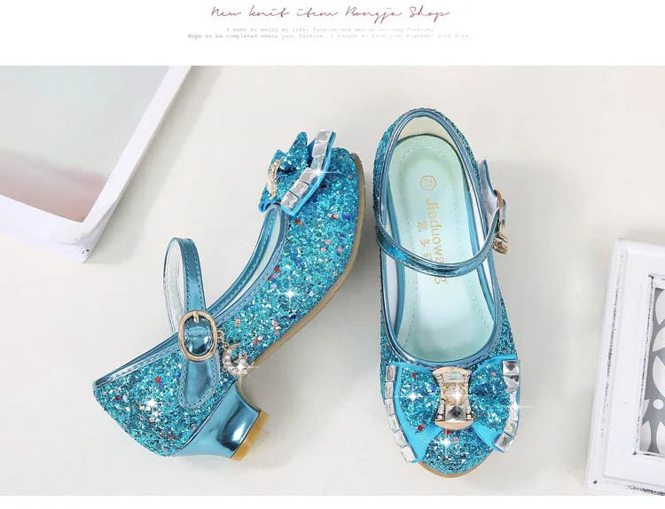 Bow-Accent Glitter Mary Jane Shoes for Girls with Buckled Strap and Block Heel, Sparkling Princess Dress Shoes for Parties and Weddings