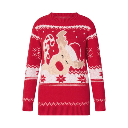 Reindeer Family Christmas Sweaters in Red or Green, Matching Mom Dad and Kids Long Sleeve Crewneck Pullovers for Holiday Photos and Parties