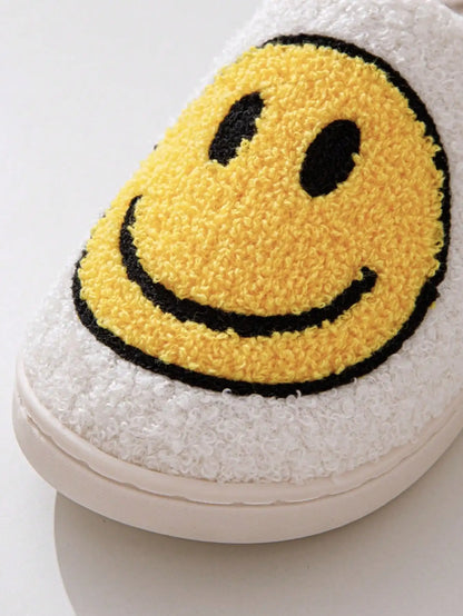 Kids Smiley Face Plush Slippers, Closed-Toe Slip-On Indoor House Shoes with Thick Soles in Blue, Pink, Yellow or Light Green for Fall and Winter