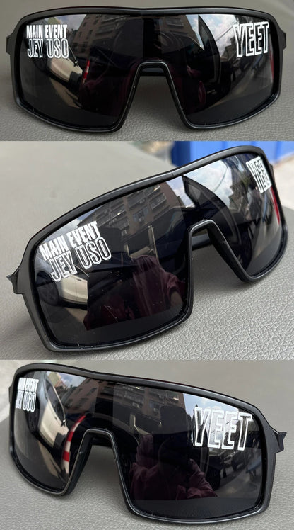YEET Graphic Sunglasses with Jey Uso Main Event Lettering, Colorful Shield-Style Fan Shades in Children's and Adult Options for Party Outfits