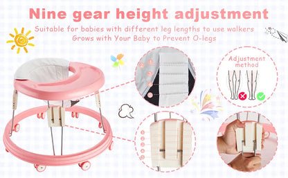 Foldable Seated Baby Walker in Pink with 5 Height Settings, Circular Wheeled Base, Tray and Seat for Indoor Use with Adult Supervision