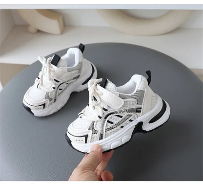 Children Mesh Sports Sneakers with Layered Panels, Lace and Strap Styling for Boys and Girls, Casual Spring and Fall Shoes in Red, Khaki or Black