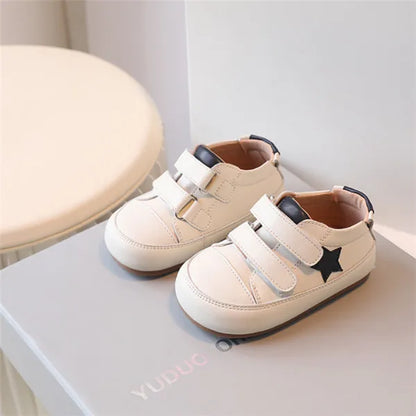 Toddler Star Sneakers with Double Hook-and-Loop Straps, Microfiber Leather Baby Boys and Girls Casual Shoes in Red Silver or Dark Blue, Sizes 15-27