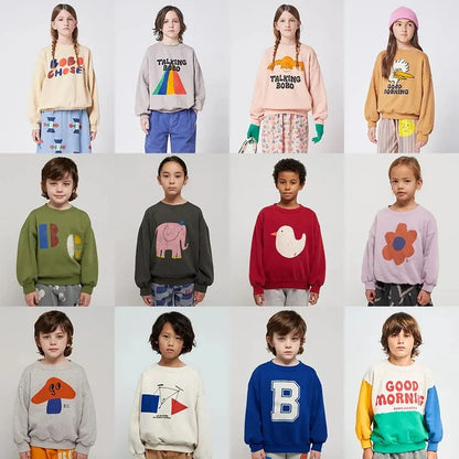 Kids Crewneck Sweatshirt with Animal, Flower and Letter Graphic Options, Long Sleeve Unisex Pullover for Boys and Girls Everyday Seasonal Layering