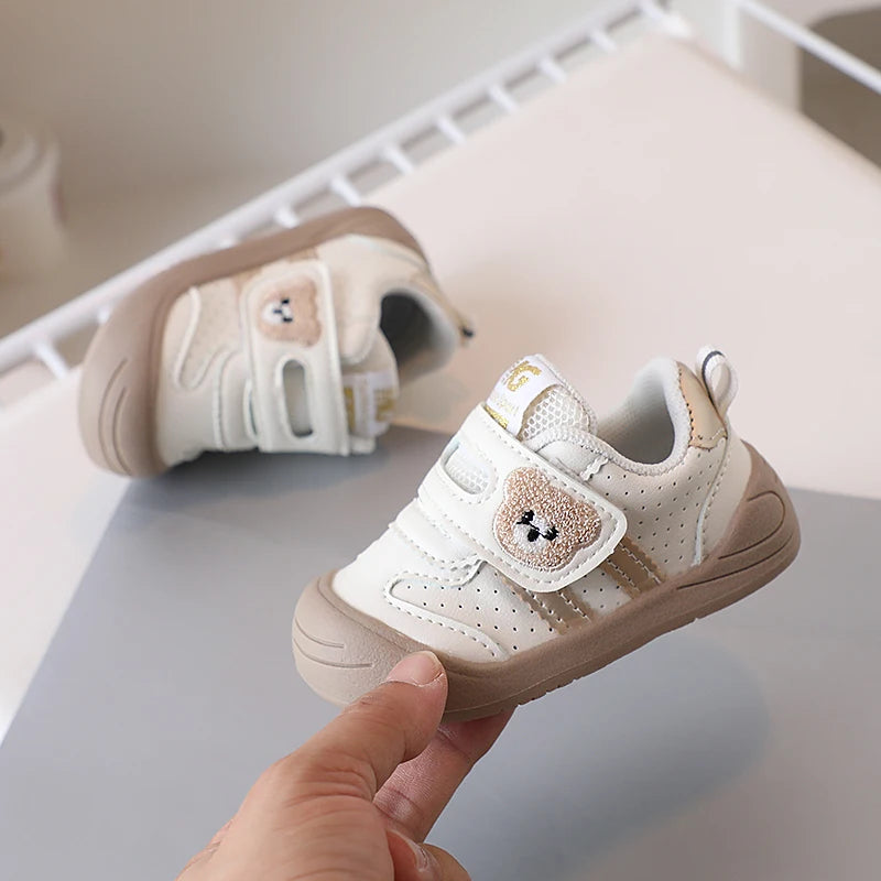 Toddler Bear Sneakers with Hook-and-Loop Strap, Perforated Upper and Striped Sides, Baby Boys and Girls Casual Shoes in Black Gold or Red, Sizes 16-25
