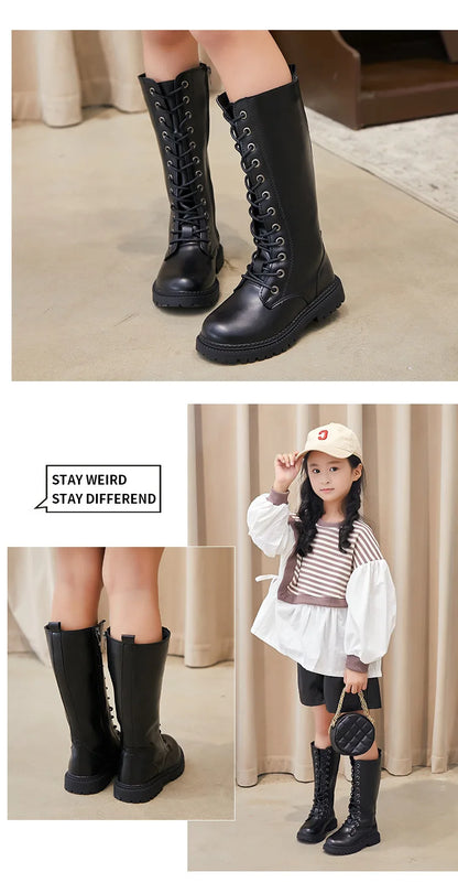 Lace-Up Knee-High Boots for Girls with Side Zippers and Chunky Soles, Black or Beige Motorcycle-Inspired Tall Fashion Shoes, Sizes 27–37