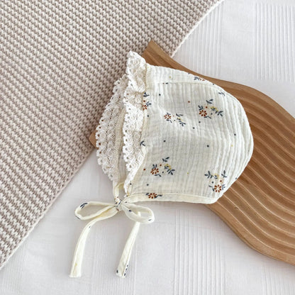 Lace Collar Baby Girl Romper with Bonnet, Cream Floral Long Sleeve Bubble One-Piece and Matching Hat for Spring Photos, Sizes 66-90