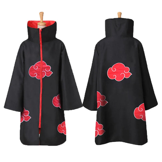 Akatsuki Inspired Cosplay Cloak with Headband, Black Red-Cloud High Collar Ninja Costume Robe for Anime Conventions, Halloween and Dress-Up