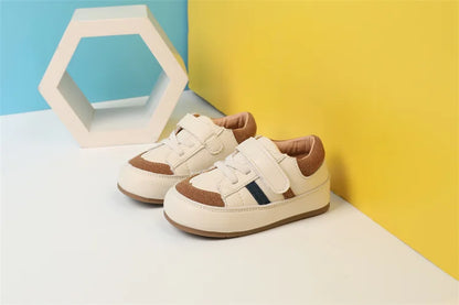 Toddler Microfiber Leather Sneakers with Hook-and-Loop Strap and Colorblock Trim, DIMI Baby Boys and Girls Casual Shoes in Blue Brown or Pink