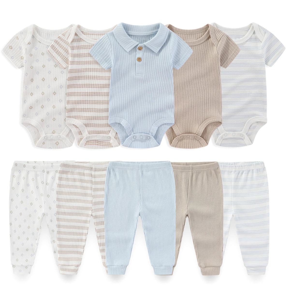 Baby Bodysuit and Pants Set, 10-Piece Kiddiezoom Infant Clothing Bundle with Short-Sleeve Tops for Boys and Girls, Sizes 3M-12M