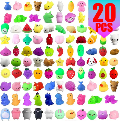 Mochi Squishy Party Favors, Mini Animal and Fruit Squeeze Fidget Toys in Random Assorted Packs for Birthday Goodie Bags and Classroom Prizes