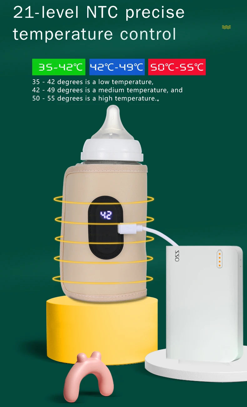 Digital Bottle Warming Wrap with 21 Temperature Levels, USB Powered Baby Milk Warmer Sleeve for Travel Using a 5V 2A External Power Source