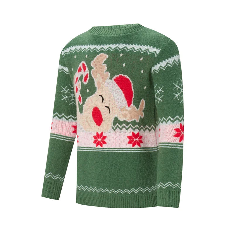 Reindeer Family Christmas Sweaters in Red or Green, Matching Mom Dad and Kids Long Sleeve Crewneck Pullovers for Holiday Photos and Parties