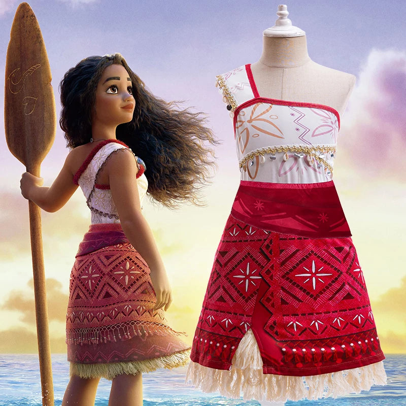 Ocean Princess Costume Dress for Girls with Necklace, Red Patterned Skirt and Fringe Trim for Halloween, Birthday Parties and Adventure Dress-Up