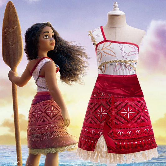 Ocean Princess Costume Dress for Girls with Necklace, Red Patterned Skirt and Fringe Trim for Halloween, Birthday Parties and Adventure Dress-Up