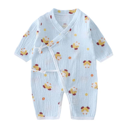 Muslin Cotton Baby Kimono Romper with Side Ties and Leg Snaps, Long Sleeve Printed Footless Jumpsuit for Boys and Girls, 0-24 Months