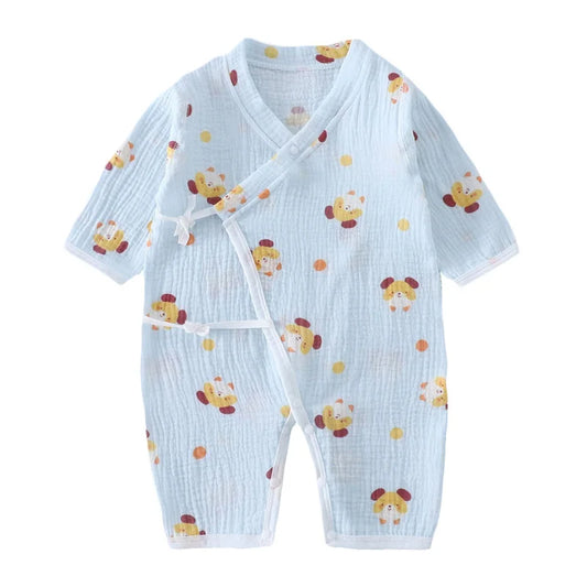 Muslin Cotton Baby Kimono Romper with Side Ties and Leg Snaps, Long Sleeve Printed Footless Jumpsuit for Boys and Girls, 0-24 Months