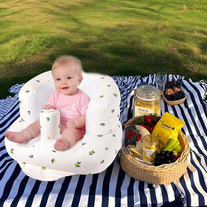 Inflatable Baby Sofa Seat with Built-In Air Pump, Portable Infant Floor Chair for Supervised Sitting and Play, Olive Flower or Bear Head