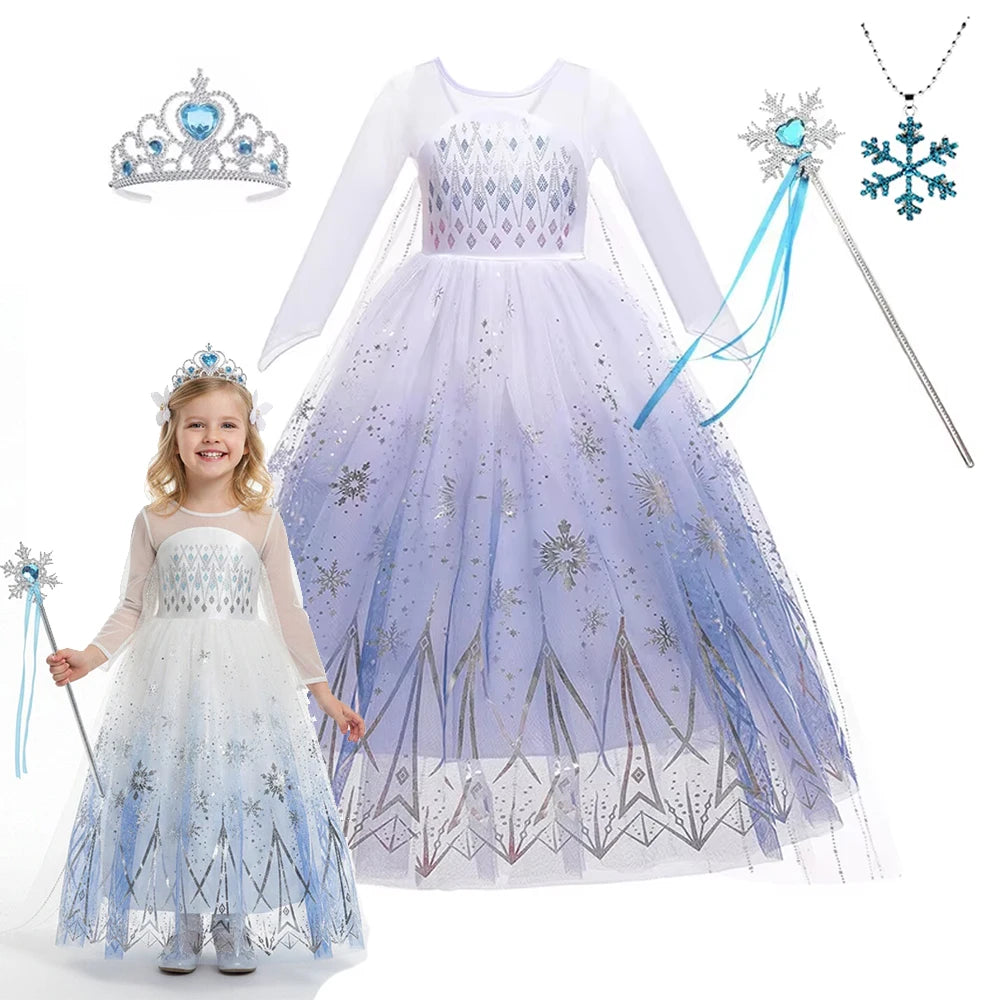 White Snowflake Princess Dress for Girls with Sheer Long Sleeves and Flowing Mesh Skirt, Snow Queen Costume for Birthdays and Halloween