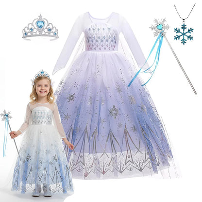White Snowflake Princess Dress for Girls with Sheer Long Sleeves and Flowing Mesh Skirt, Snow Queen Costume for Birthdays and Halloween