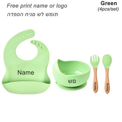 Personalized Baby Feeding Set with Silicone Suction Plate, Bowl, Spoon and Fork, 4-Piece or 6-Piece Tableware Options for Supervised Mealtimes