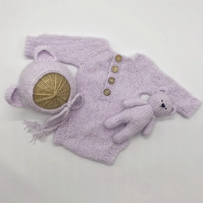 Newborn Bear Photography Outfit with Long Sleeve Knitted Romper and Bear Ear Bonnet, Optional Knit Toy for Baby Boys and Girls Portrait Sessions