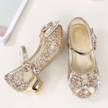Bow-Accent Glitter Mary Jane Shoes for Girls with Buckled Strap and Block Heel, Sparkling Princess Dress Shoes for Parties and Weddings