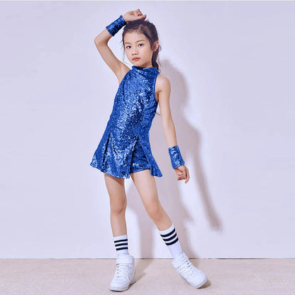Girls Sequin Jazz Dance Costume with Sleeveless A-Line Dress, Shorts, Socks and Wristbands, Sparkly Hip Hop Stage Outfit for Ages 4-12