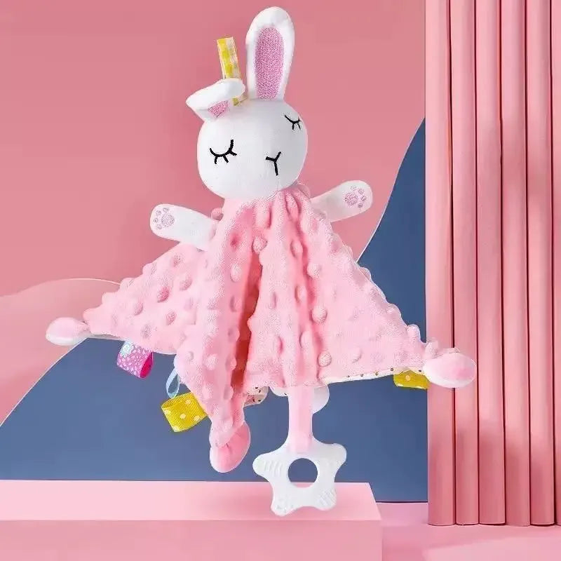 Bunny Lovey Blanket with Star-Shaped Teether, Textured Plush Rabbit Comforter and Colorful Ribbon Tags for Supervised Baby Play and Shower Gifts