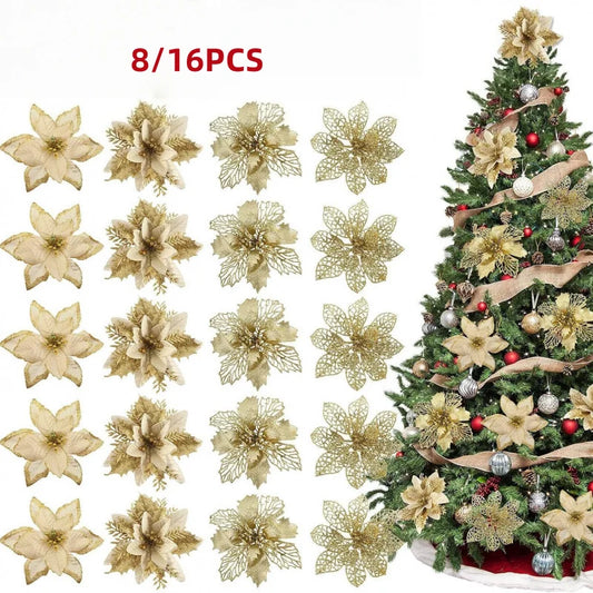 Glitter Christmas Tree Flowers, Artificial Floral Ornaments in 4, 8 or 16 Pieces for Holiday Home Decor, Wedding Displays and New Year Parties